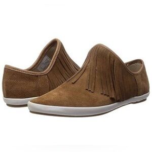 SANUK Kat Fringe Suede Moccasin Booties in Chesnut & Neon Pink - Size 10